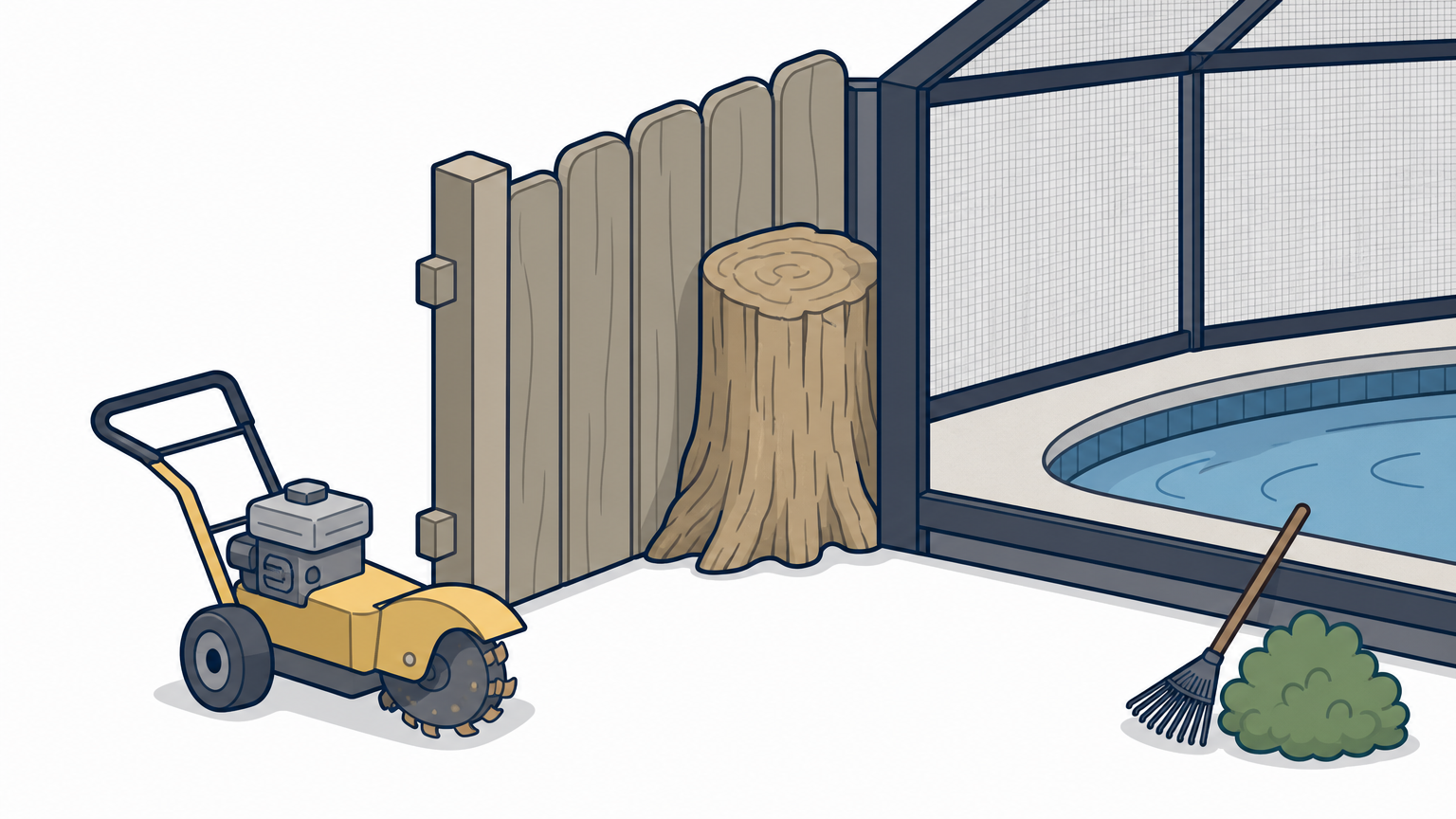 A tree stump squeezed between a fence and a pool cage with a grinder nearby.