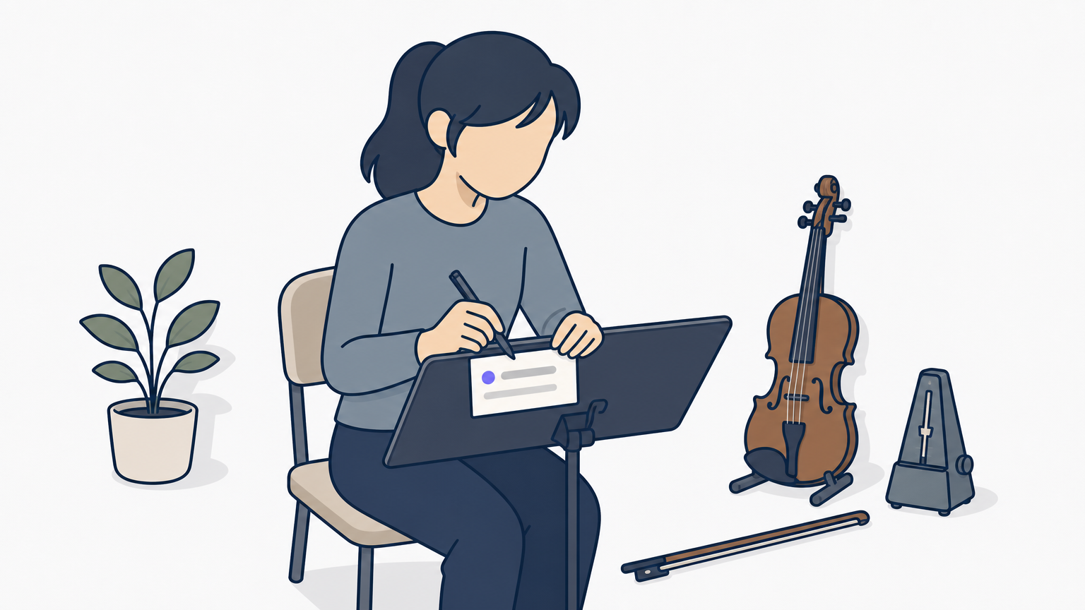 A violinist jots down one practice goal on a card before beginning to play.