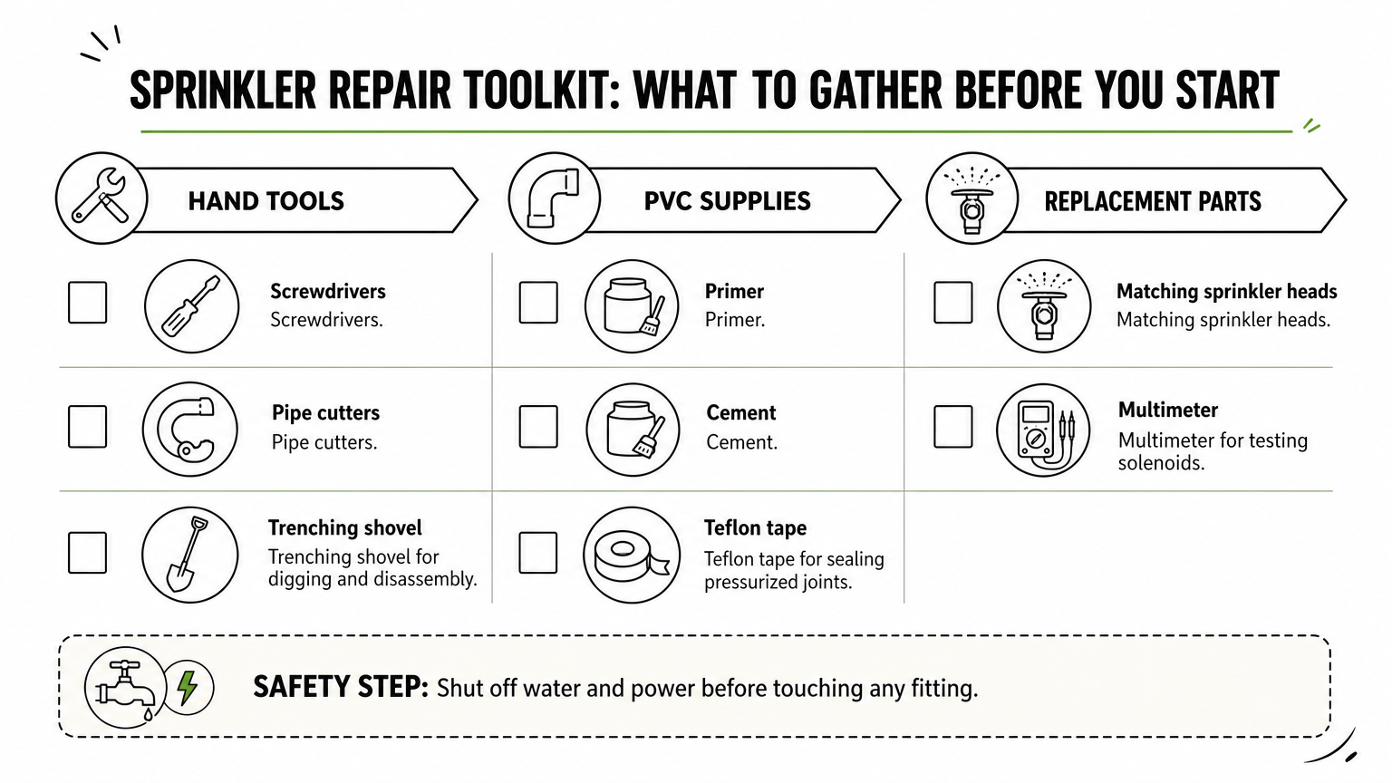 Checklist infographic showing hand tools, PVC supplies, replacement parts, and a safety reminder for sprinkler repair.