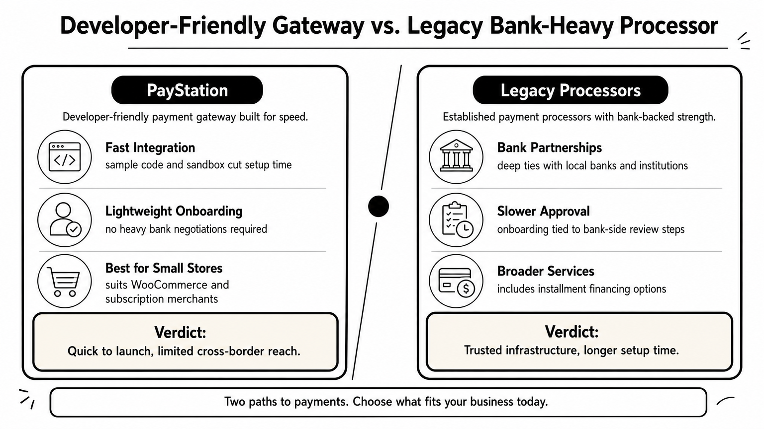 A comparison chart contrasting PayStation's fast developer onboarding with legacy processors' bank-heavy approval process.