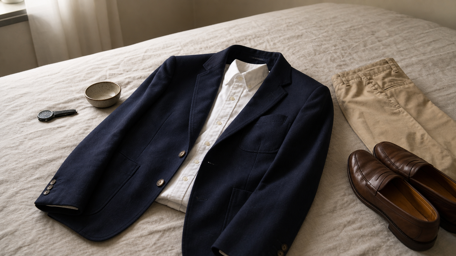 A blazer, button-down shirt, chinos, and leather loafers laid out together as an outfit.