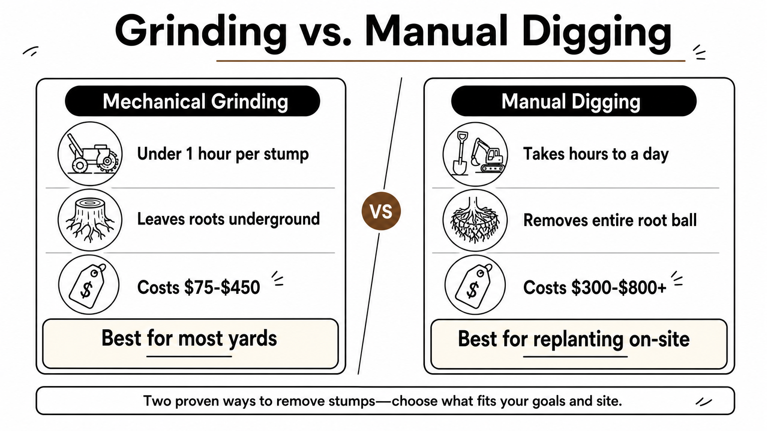 A comparison chart contrasting mechanical grinding and manual digging for stump removal.