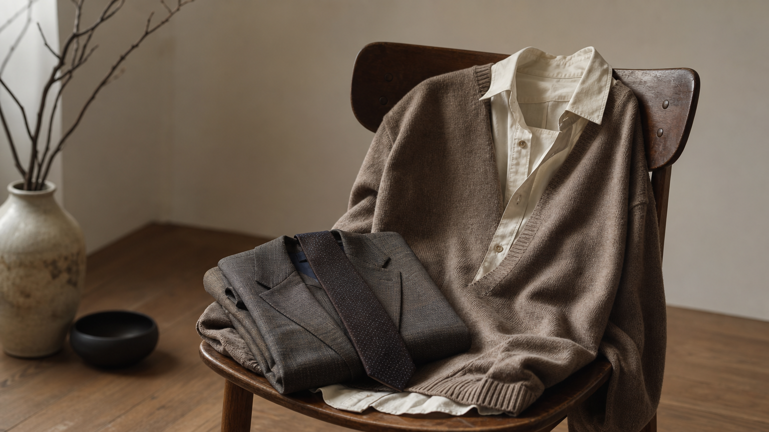 A suit jacket and tie next to a casual sweater and open-collar shirt on a chair.
