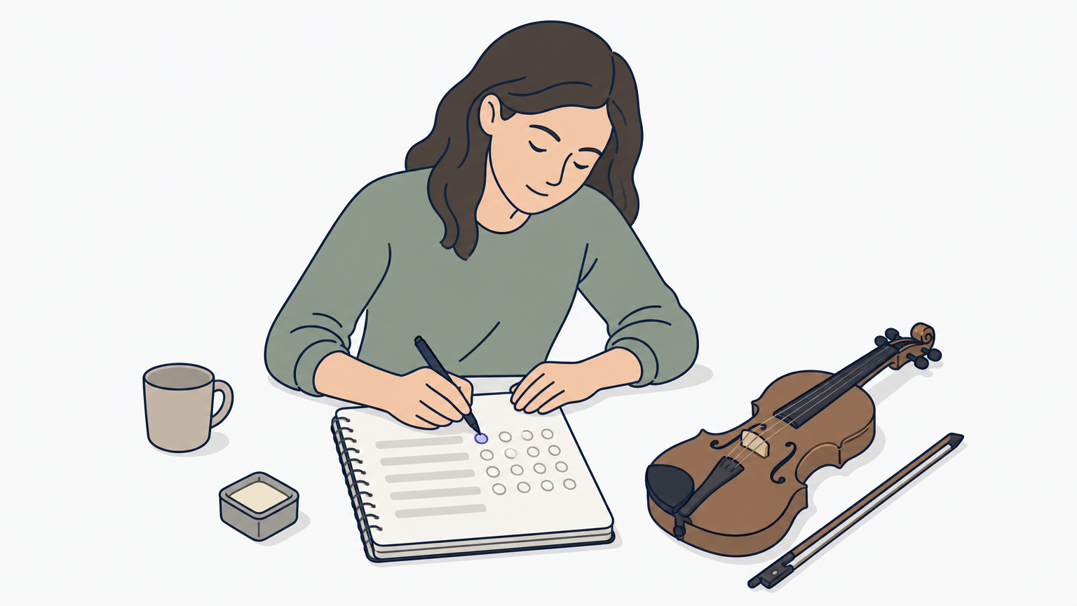 A violinist writes a performance rating in a notebook immediately after playing a passage.