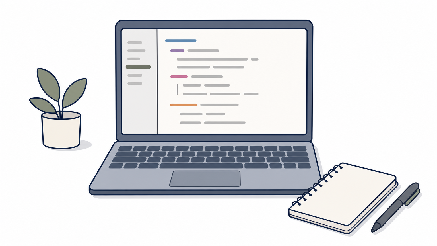 Laptop displaying Python code next to a notebook and pen on a desk.