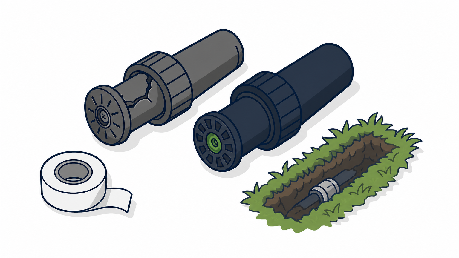 A cracked sprinkler head next to a new one, Teflon tape, and a small dug trench in grass.