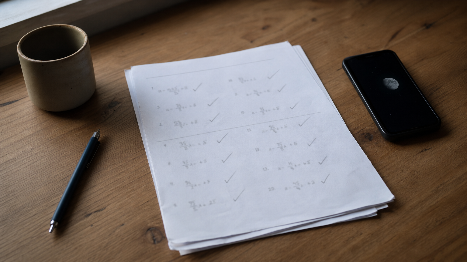 A partially completed worksheet on a desk beside a phone displaying a late nighttime hour.