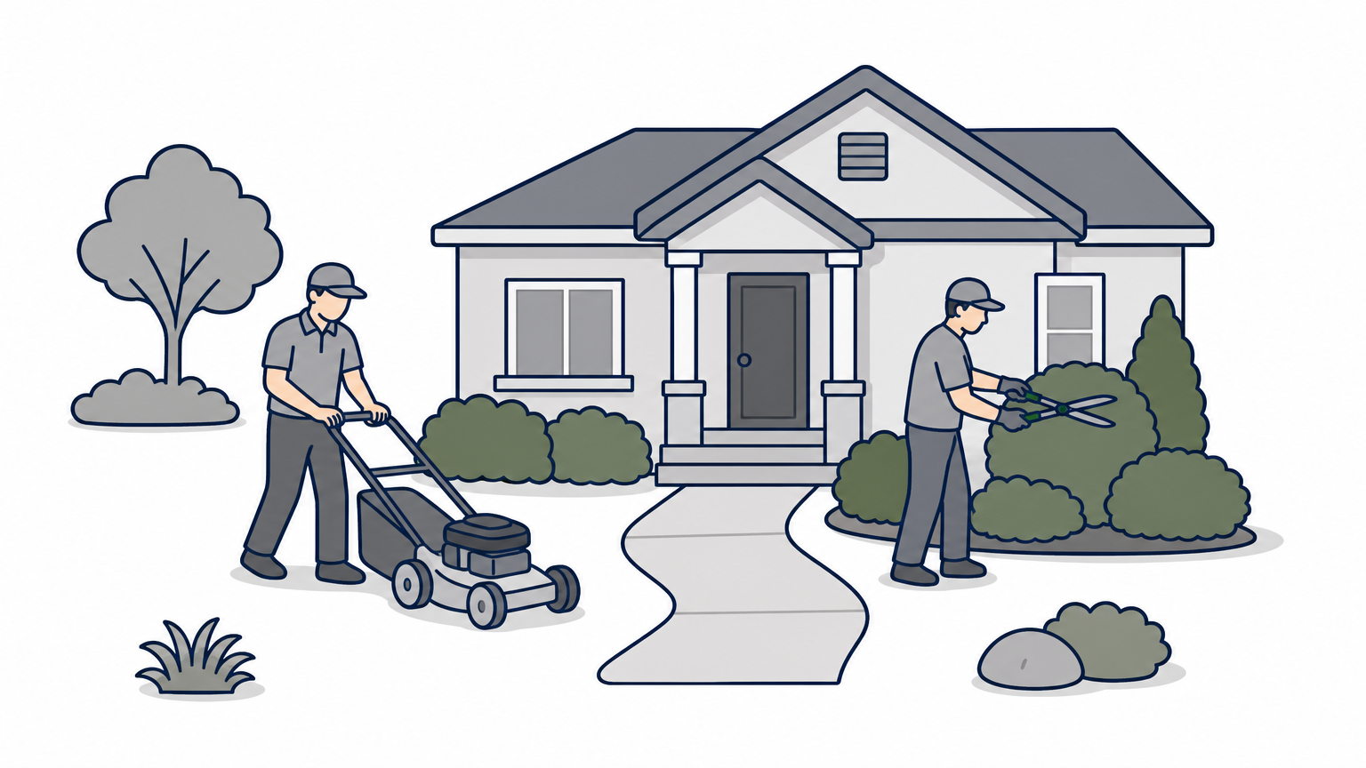 A two-person lawn crew mowing grass and trimming shrubs in front of a house.
