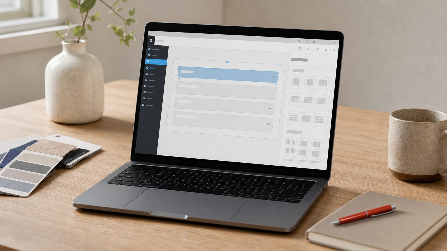 Laptop showing a WordPress page builder with an FAQ accordion module open for editing.