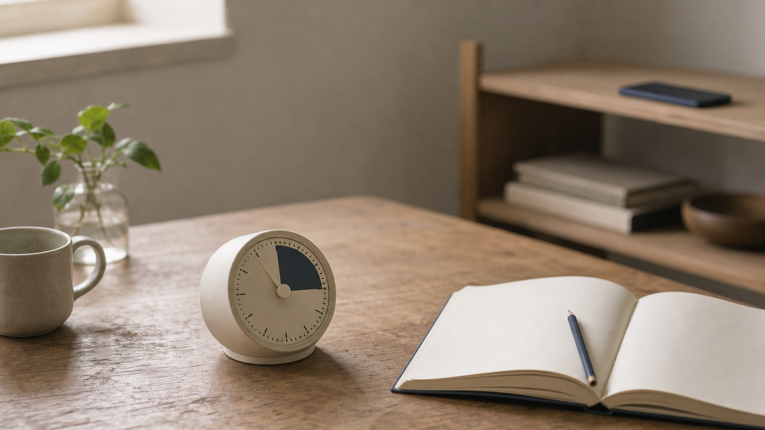 A kitchen timer beside an open notebook, with a phone placed face-down on a distant shelf.
