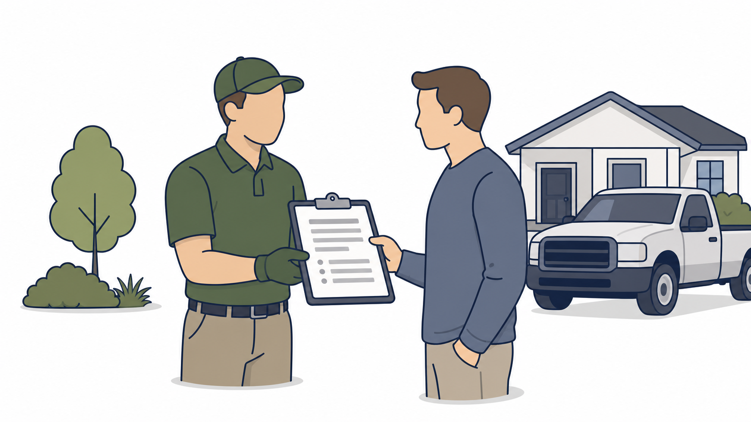 A technician reviewing a service estimate with a homeowner outside their house.