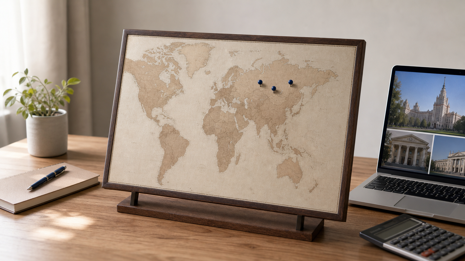 A map with pins marking Russian cities beside a laptop and calculator on a desk.
