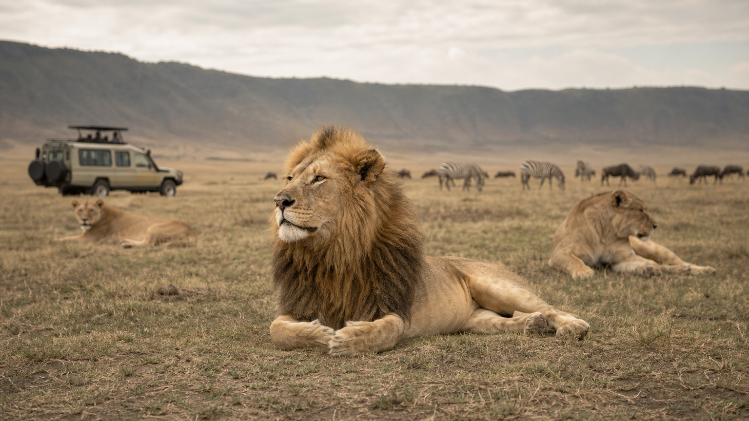 Lions rest on the grassy crater floor near grazing zebra and a distant safari vehicle.