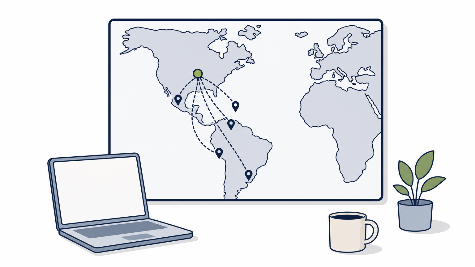 A pinned world map connecting the US to Latin American cities hangs above a desk with a laptop.