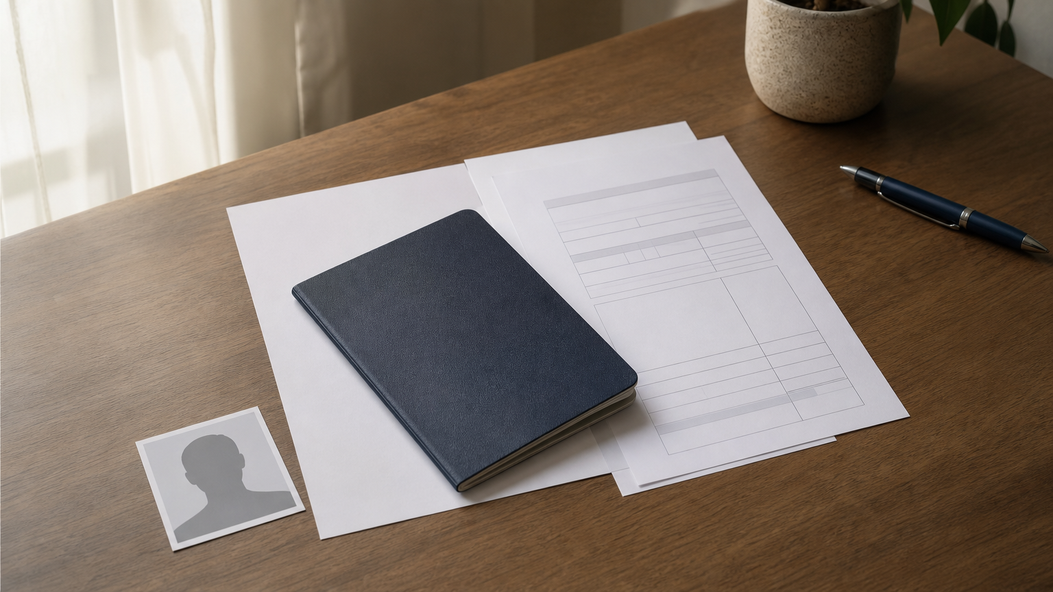 A passport, invitation letter, and visa application form arranged on a desk.