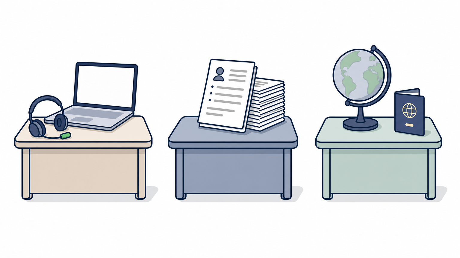 Three distinct desks symbolizing domestic, nearshore, and offshore hiring options side by side.