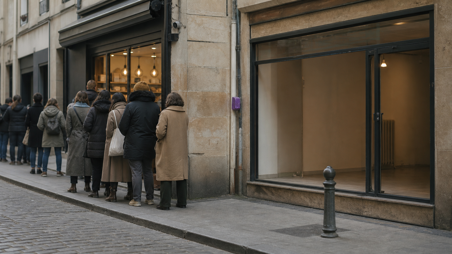 Customers queue outside a well-known storefront while a nearby unmarked shop stands empty.