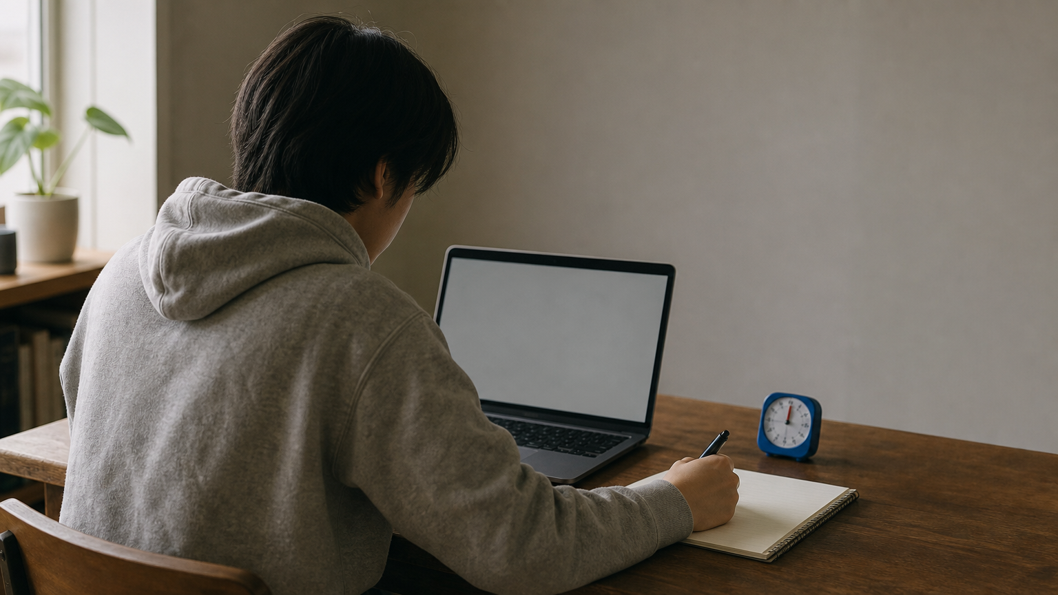 A person taking a timed practice exam at a desk with a clock and notepad nearby.