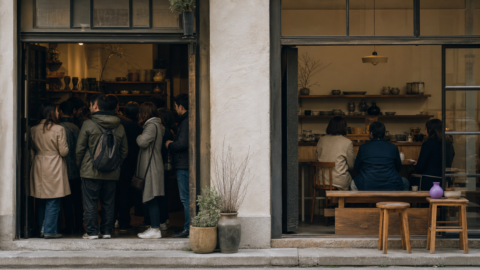 One crowded shopfront shows skeptical customers while a quieter shop shows loyal, smiling customers.