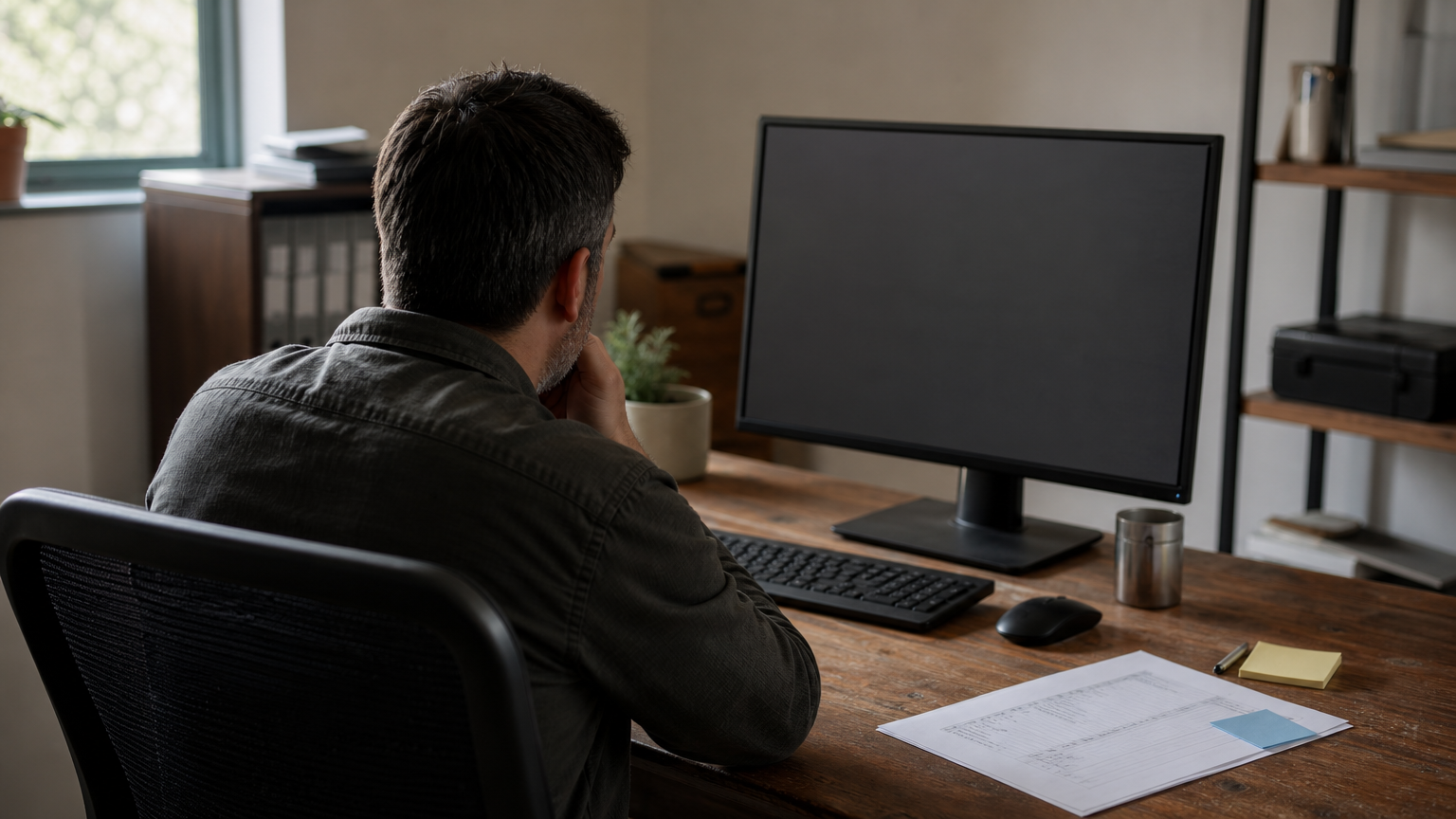 A systems administrator studying a detailed vulnerability findings table on a computer screen.