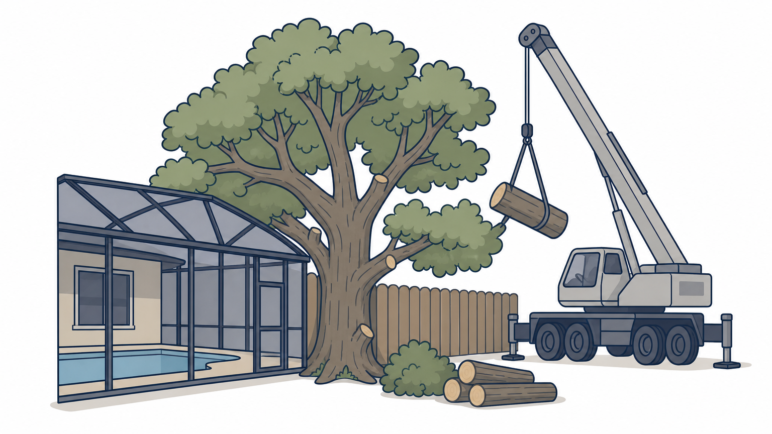 A crane lifts a large tree section from a yard tightly bordered by a pool cage and fence.