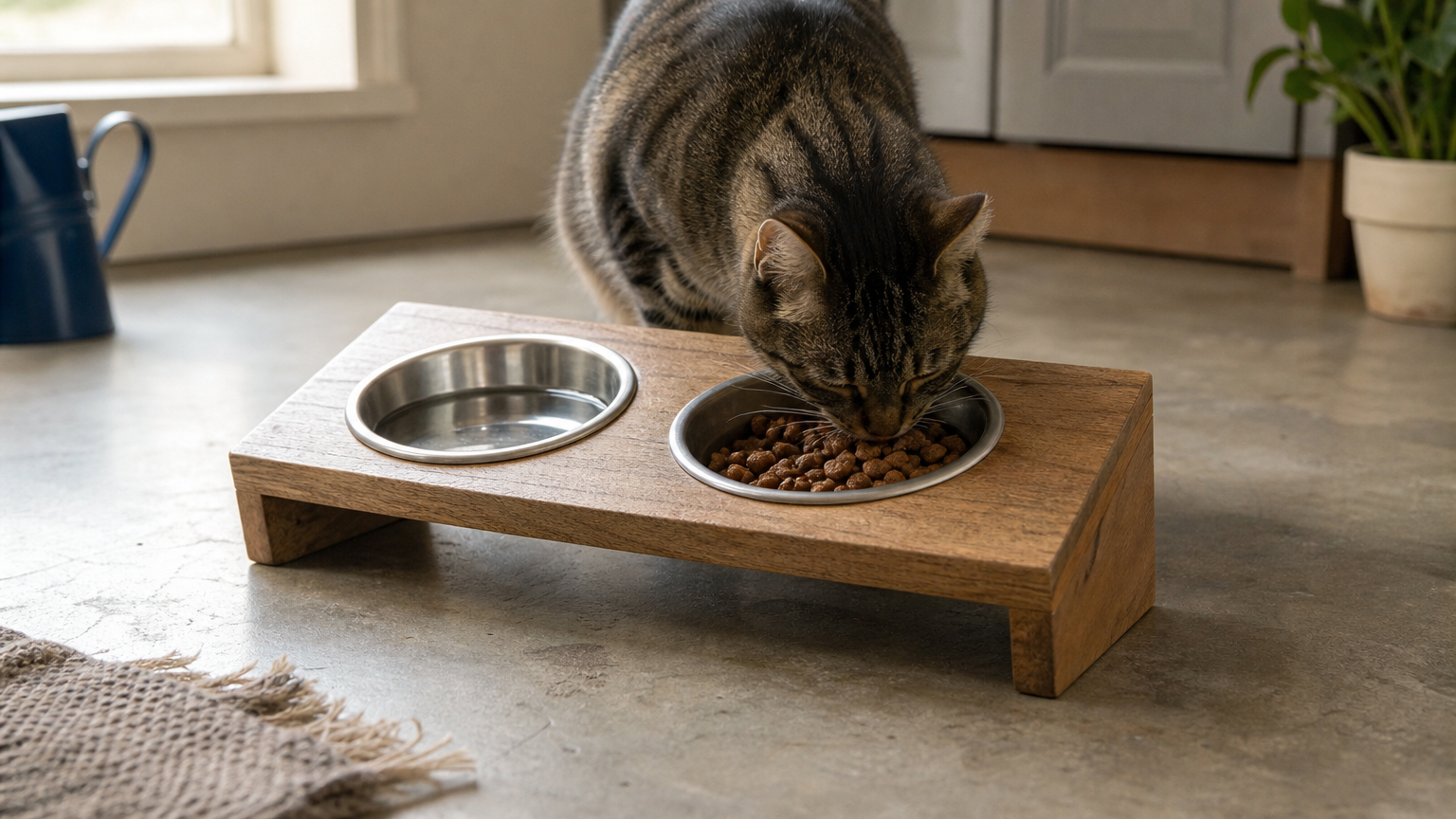 A cat eats from a tilted wooden stand holding two stainless steel bowls in a kitchen.