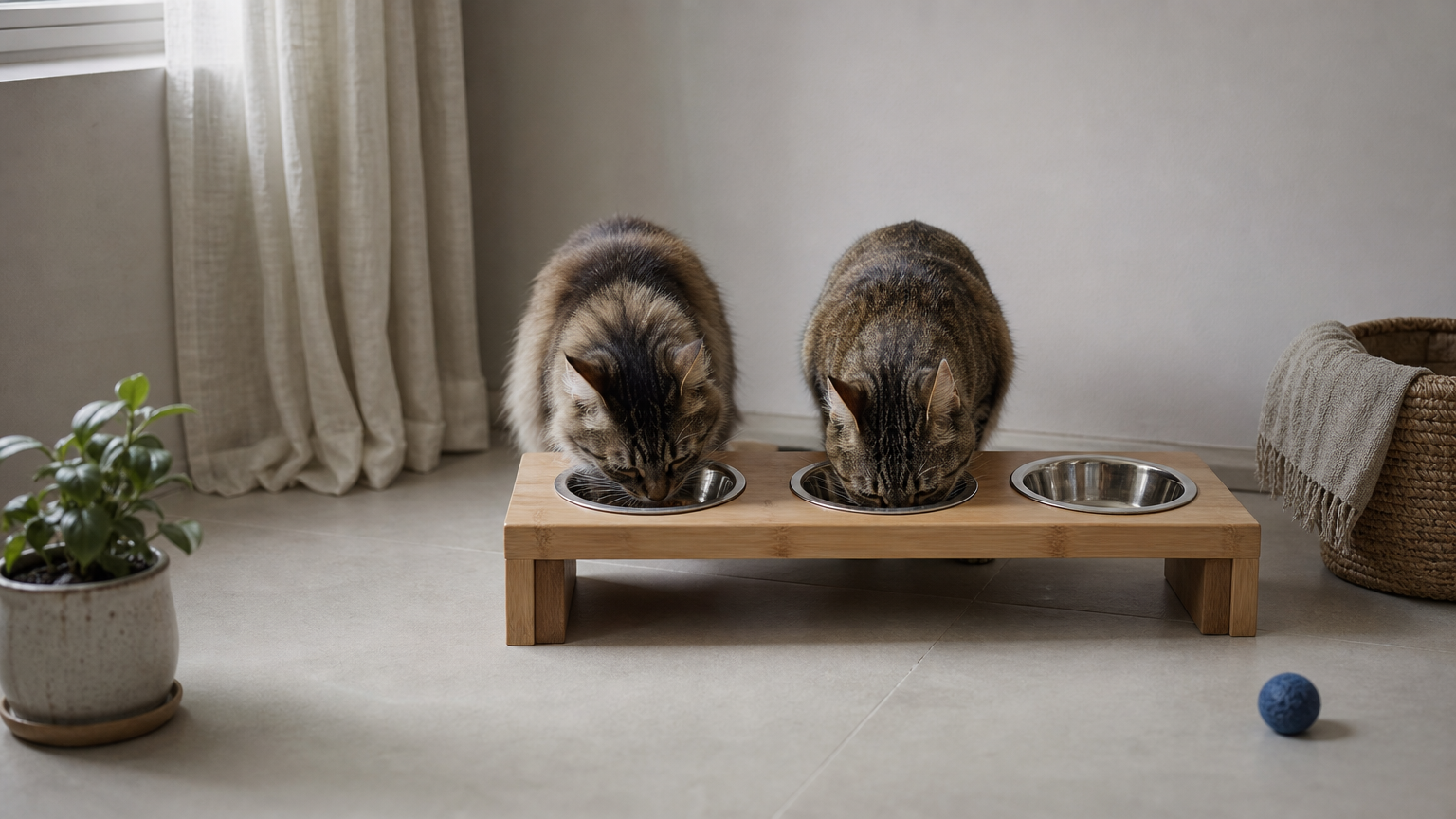 Two cats eat comfortably from separate bowls on a connected three-bowl elevated stand.