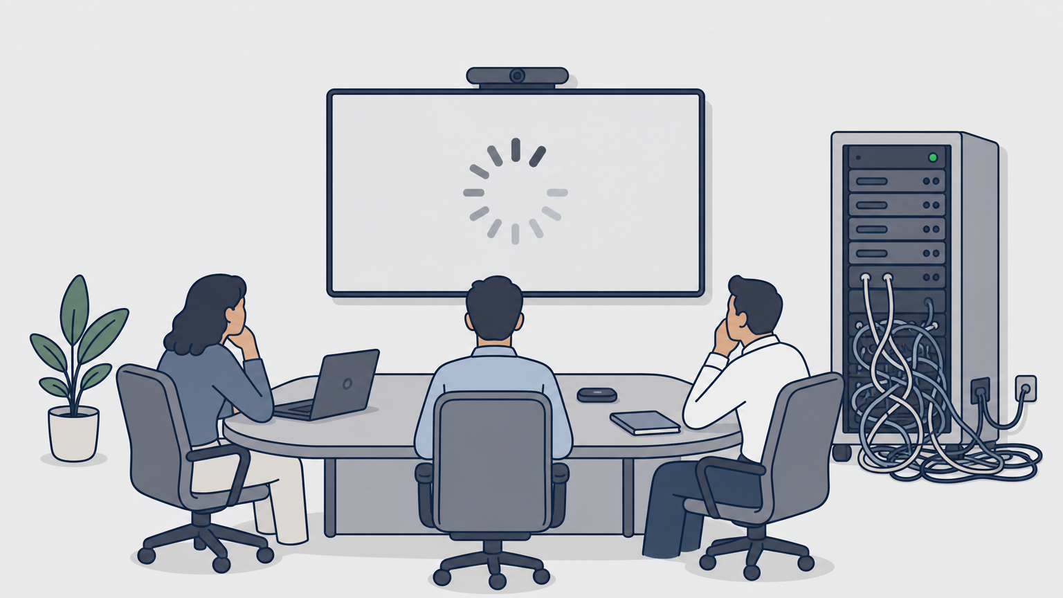 A conference room display stuck on a loading screen during a meeting with cables visible nearby.