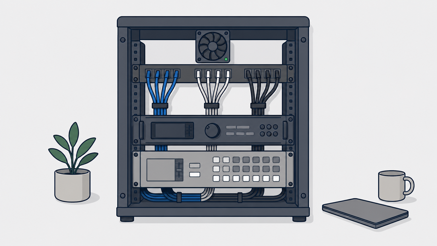 Illustration of an AV equipment rack with organized cables, rack-mounted devices, and a cooling fan.