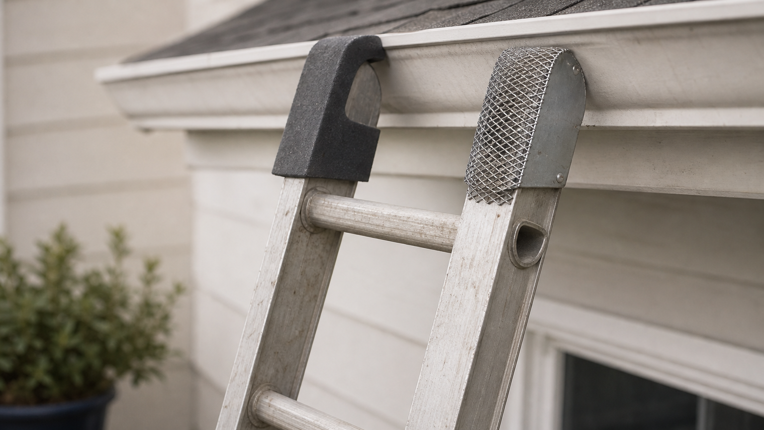 A ladder rests against a roofline where one gutter section has a foam insert and another has a metal mesh guard.