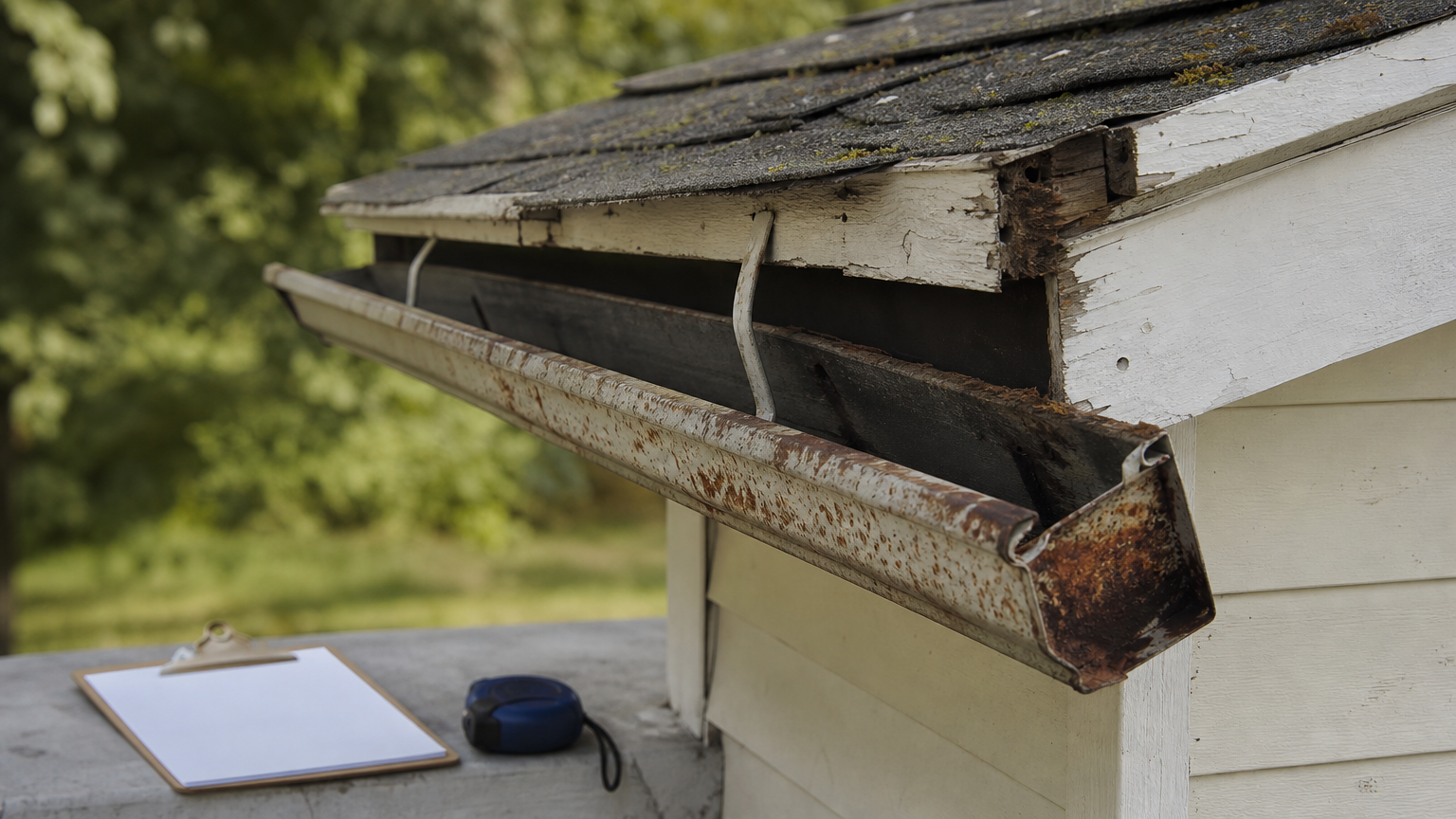 A rusted, sagging gutter pulls away from the fascia while a clipboard and tape measure sit nearby.