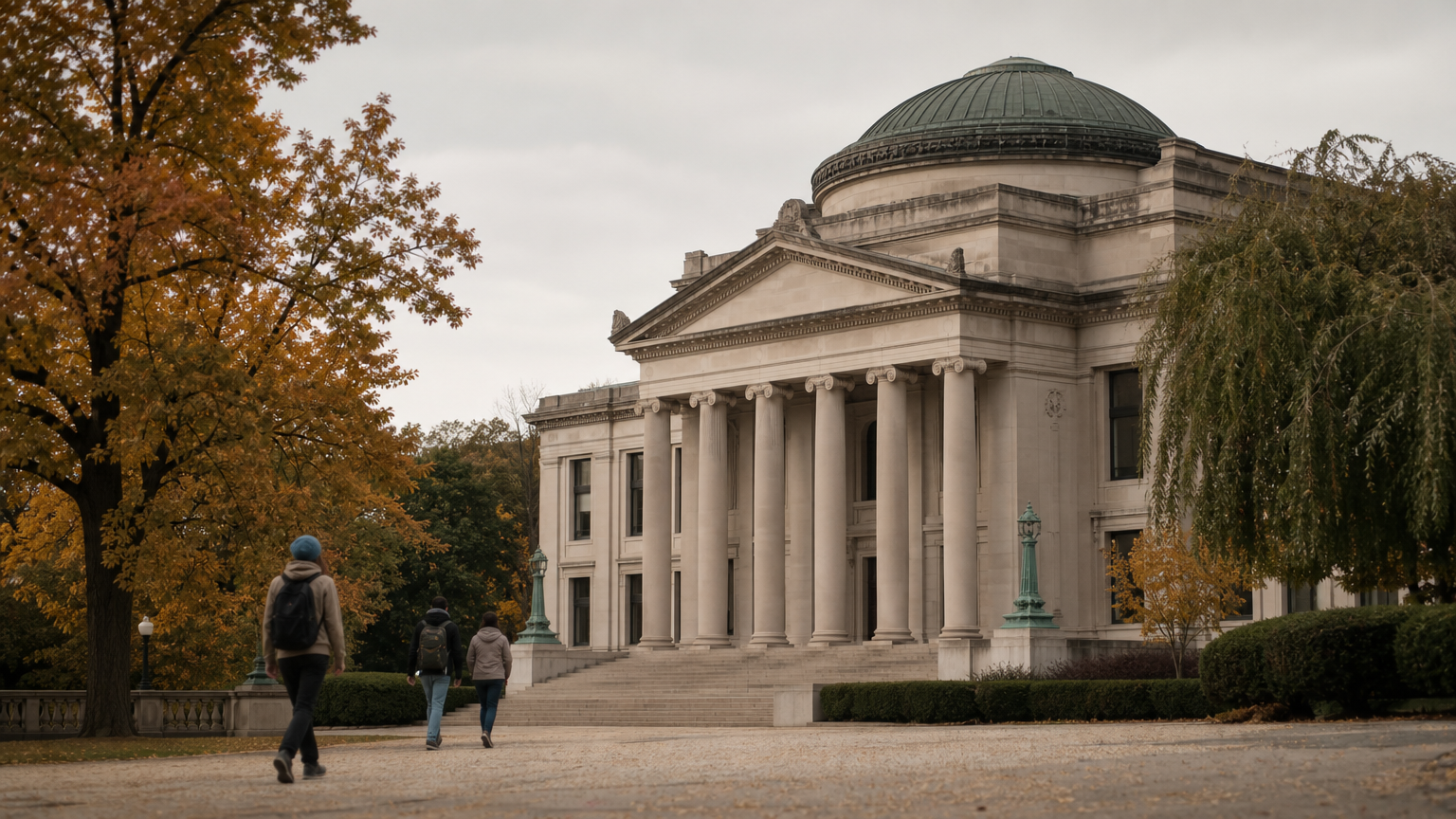 Historic columned university building with a domed roof surrounded by autumn trees.