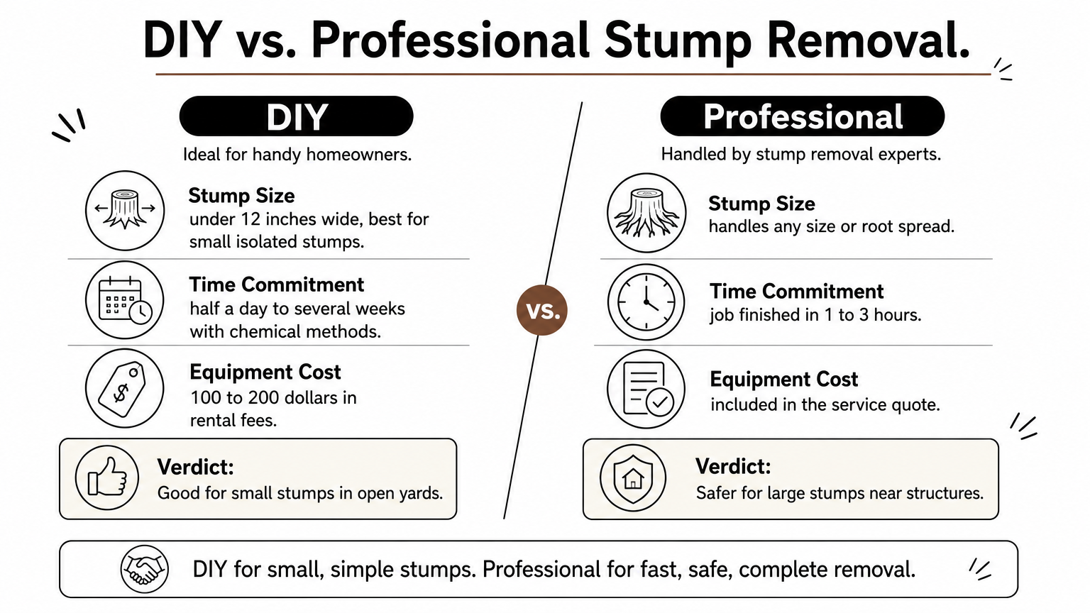 Comparison infographic contrasting DIY stump removal with hiring a professional crew across size, time, and cost.