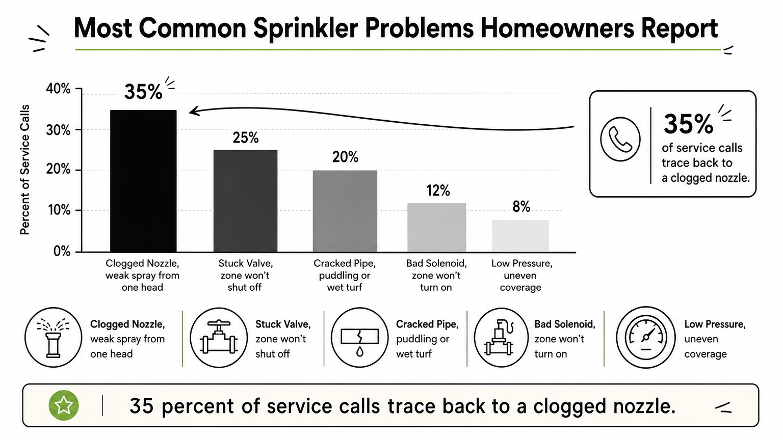 Bar chart showing the frequency of common sprinkler problems like clogged nozzles, stuck valves, and cracked pipes.