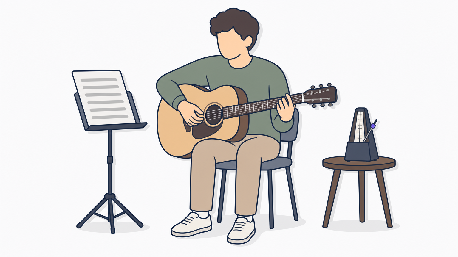 A guitarist sits with an acoustic guitar next to a printed tab sheet and a metronome.