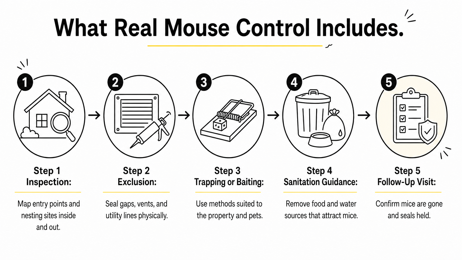 A five-step process diagram showing inspection, exclusion, trapping, sanitation, and follow-up for mouse control.