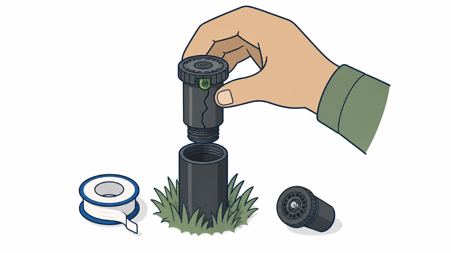 Hand removing a broken sprinkler head from a riser with a new nozzle and Teflon tape nearby on the lawn.