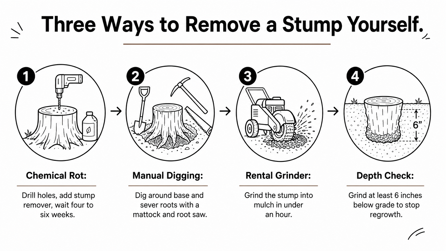 Process infographic showing chemical rot, manual digging, rental grinder, and depth check steps for DIY stump removal.