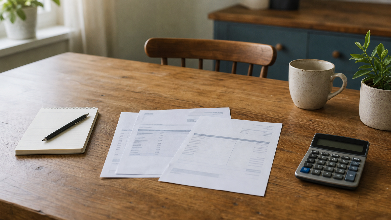 A calculator and three credit card statements sit on a table next to a handwritten notepad.