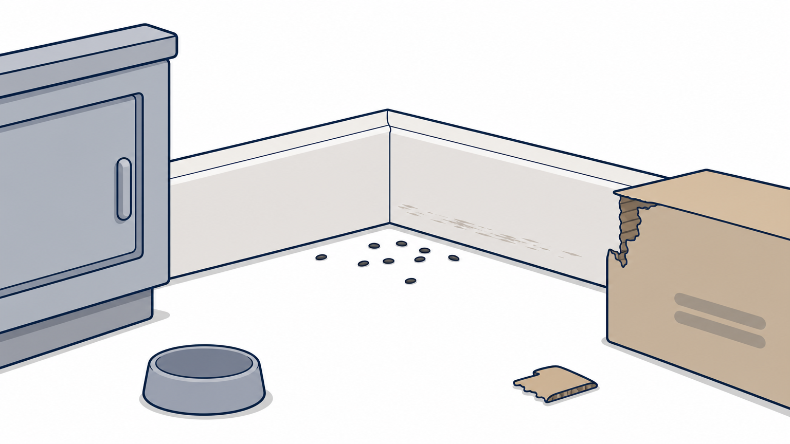 Close-up of droppings, gnaw marks, and a grease smudge along a baseboard indicating a mouse problem.