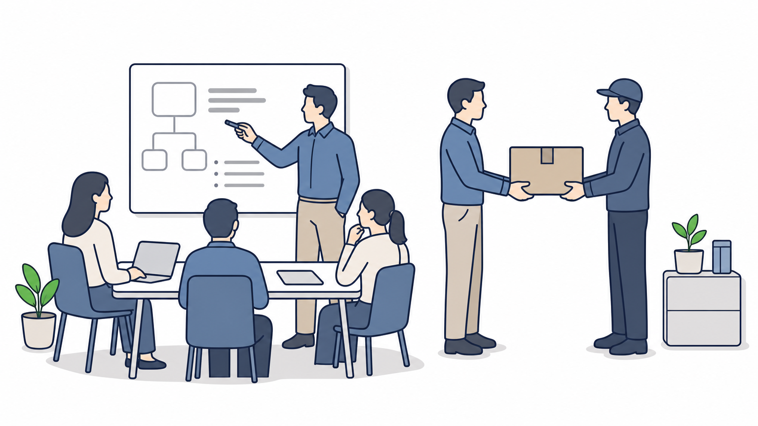 Split scene showing a manager directing a team versus a project box being handed to an outside vendor.