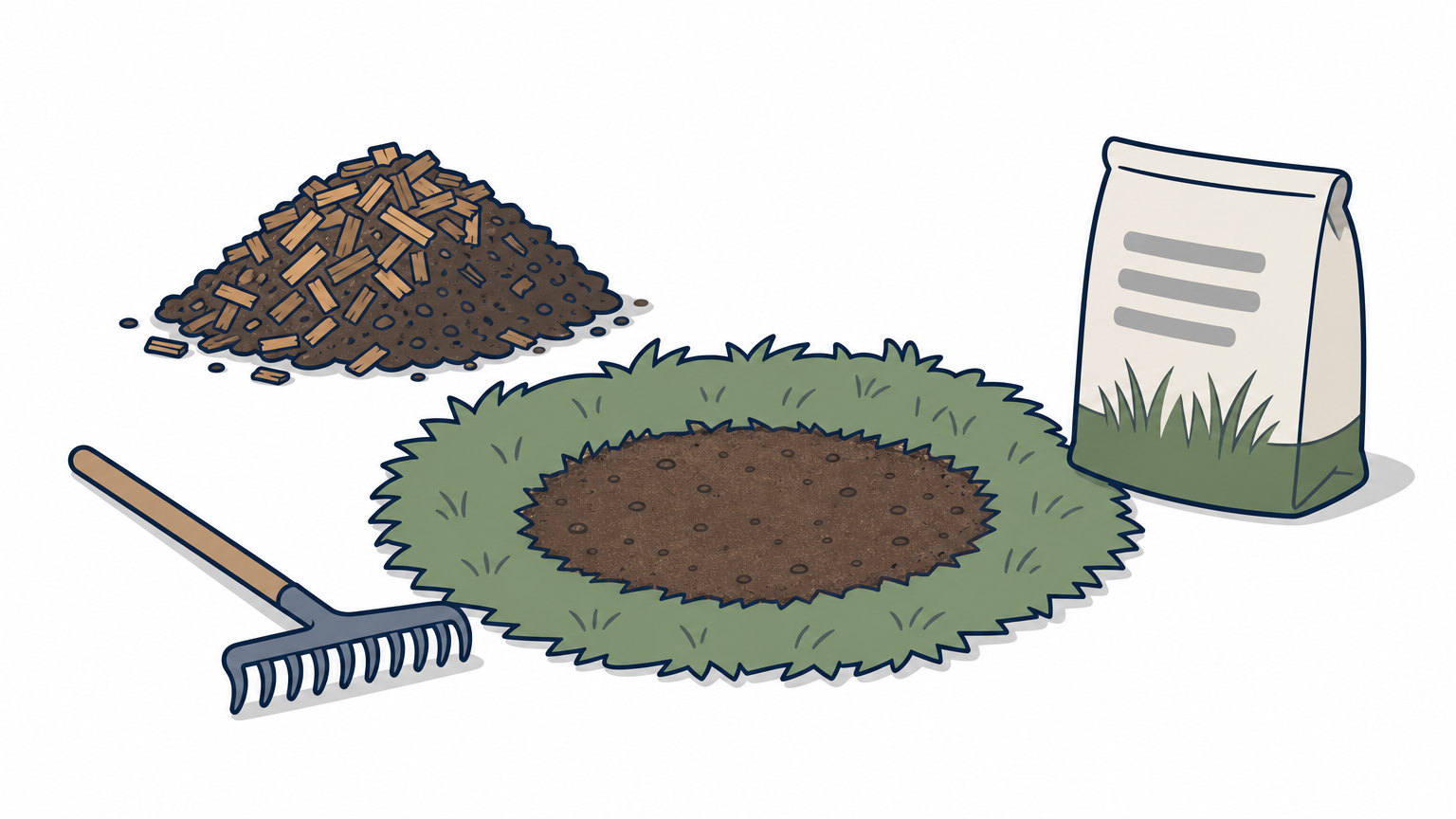 A backfilled stump hole in a lawn with wood chips, topsoil, a rake, and grass seed nearby.