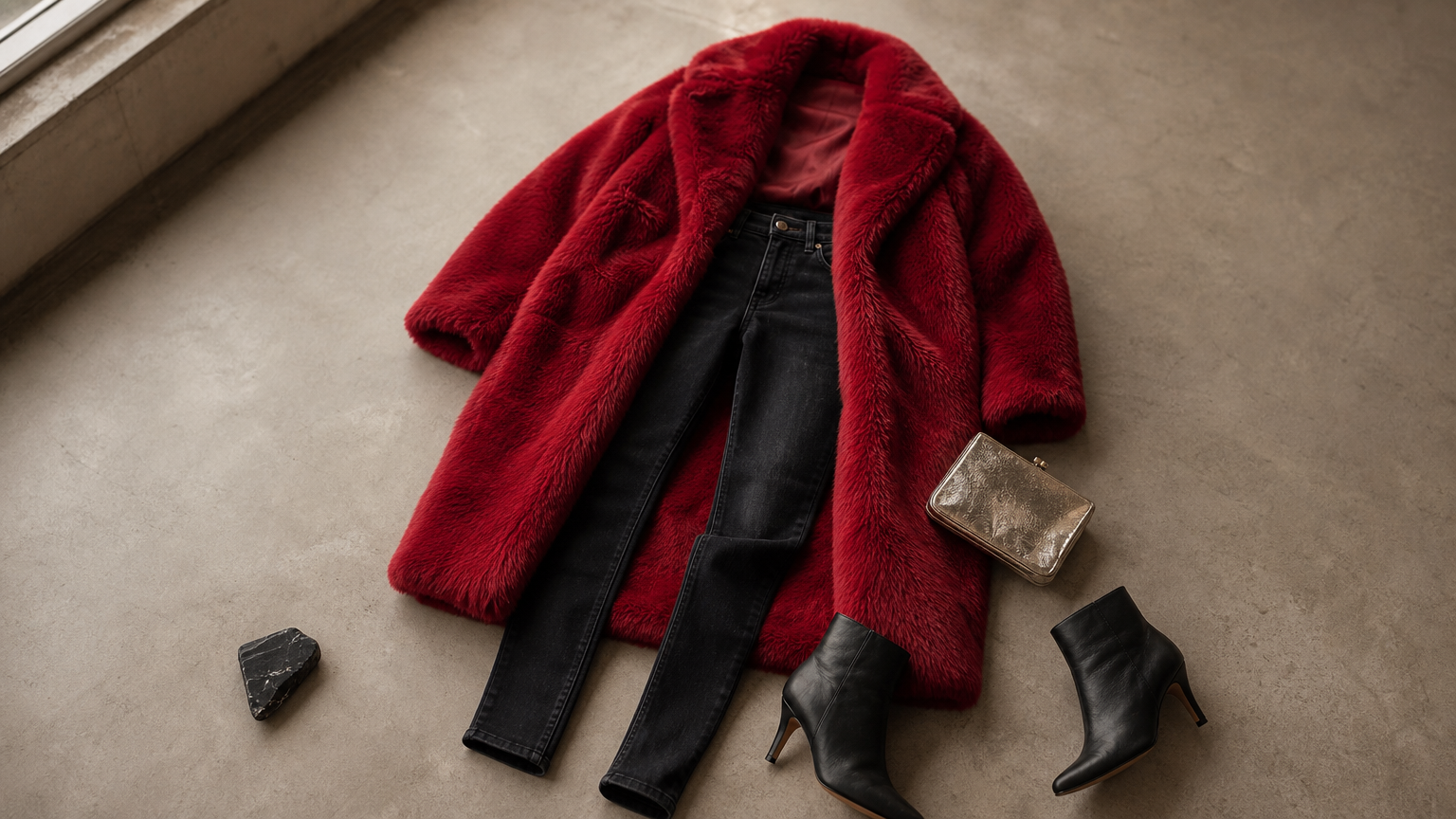 A bright red statement coat worn over dark jeans with heeled boots and a metallic clutch.