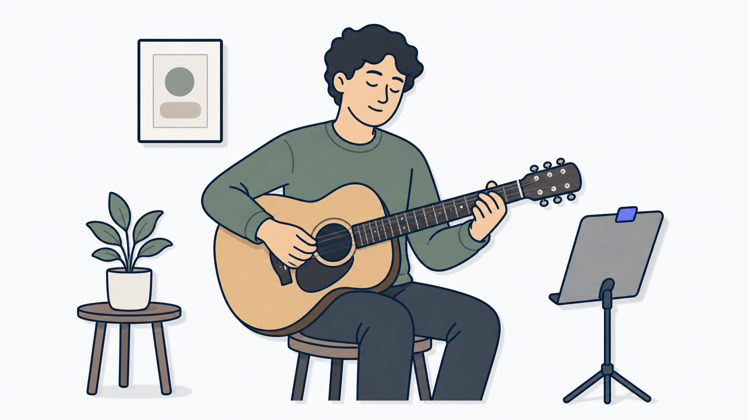 A guitarist plays with eyes closed while the tab sheet lies face down beside them.