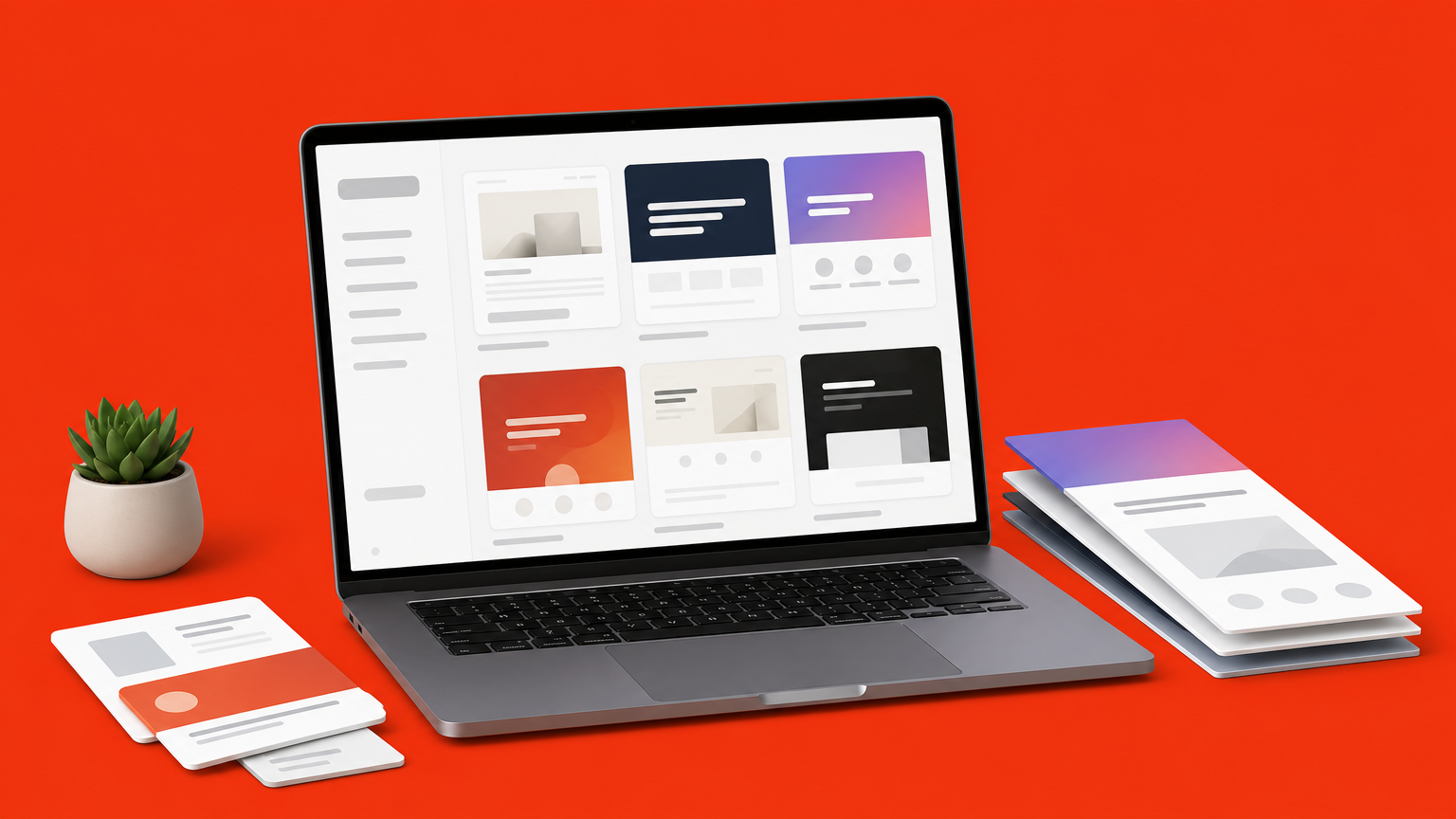 Laptop showing a grid of landing page template thumbnails next to printed layout mockups on a desk.
