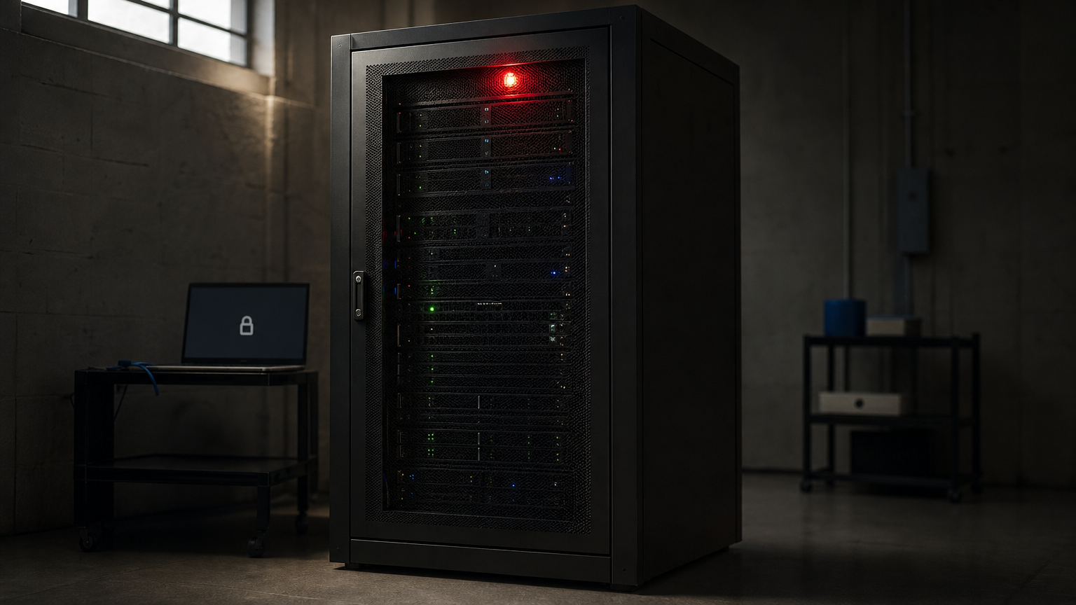 A server room with a red warning light and a laptop displaying a lock icon nearby.