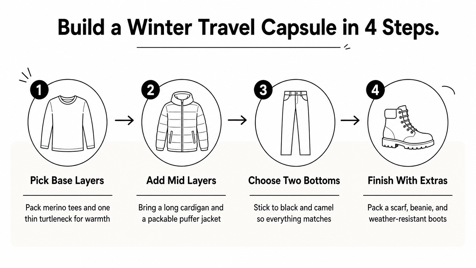 An infographic showing four steps to build a winter travel capsule wardrobe.
