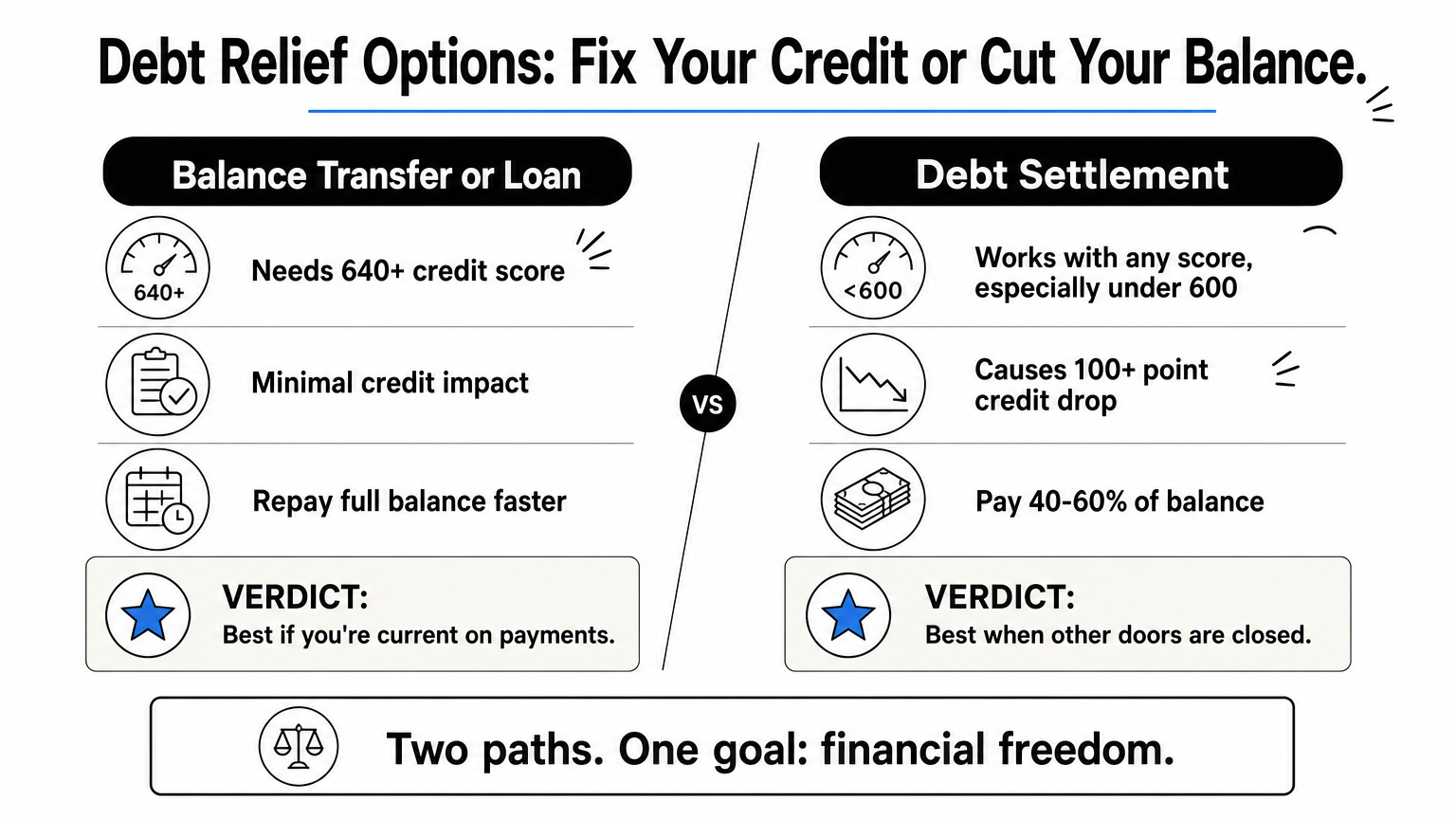 A side-by-side comparison of balance transfer loans versus debt settlement across credit score, impact, and cost.