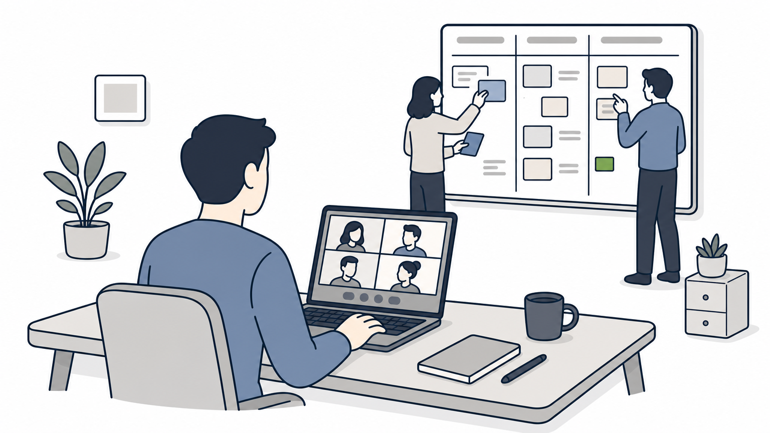 A developer on a video call beside a team reviewing a project board for a platform migration.