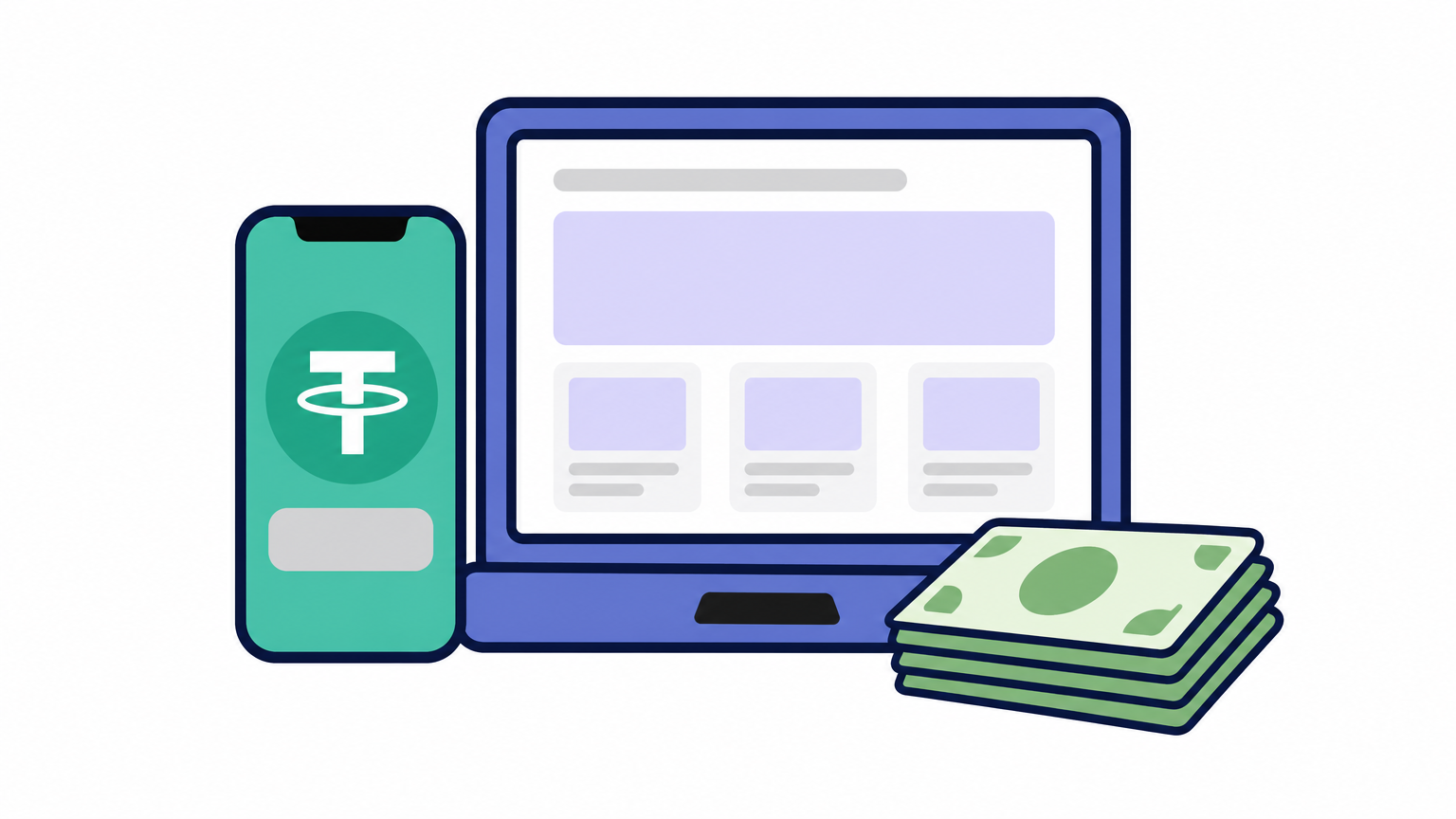 Smartphone showing a USDT balance beside rupee notes and a laptop with an online store open.